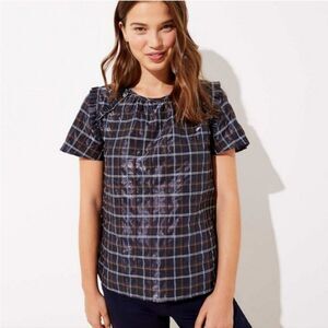 LOFT -289 Plaid Short Sleeve Ruffle Shimmer Blouse Top Black Tan White‎ Small